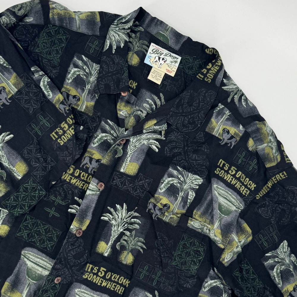 Big Dogs Mens 2X It's 5 O'Clock Somewhere Rayon Tropical Hawaiian Shirt Black